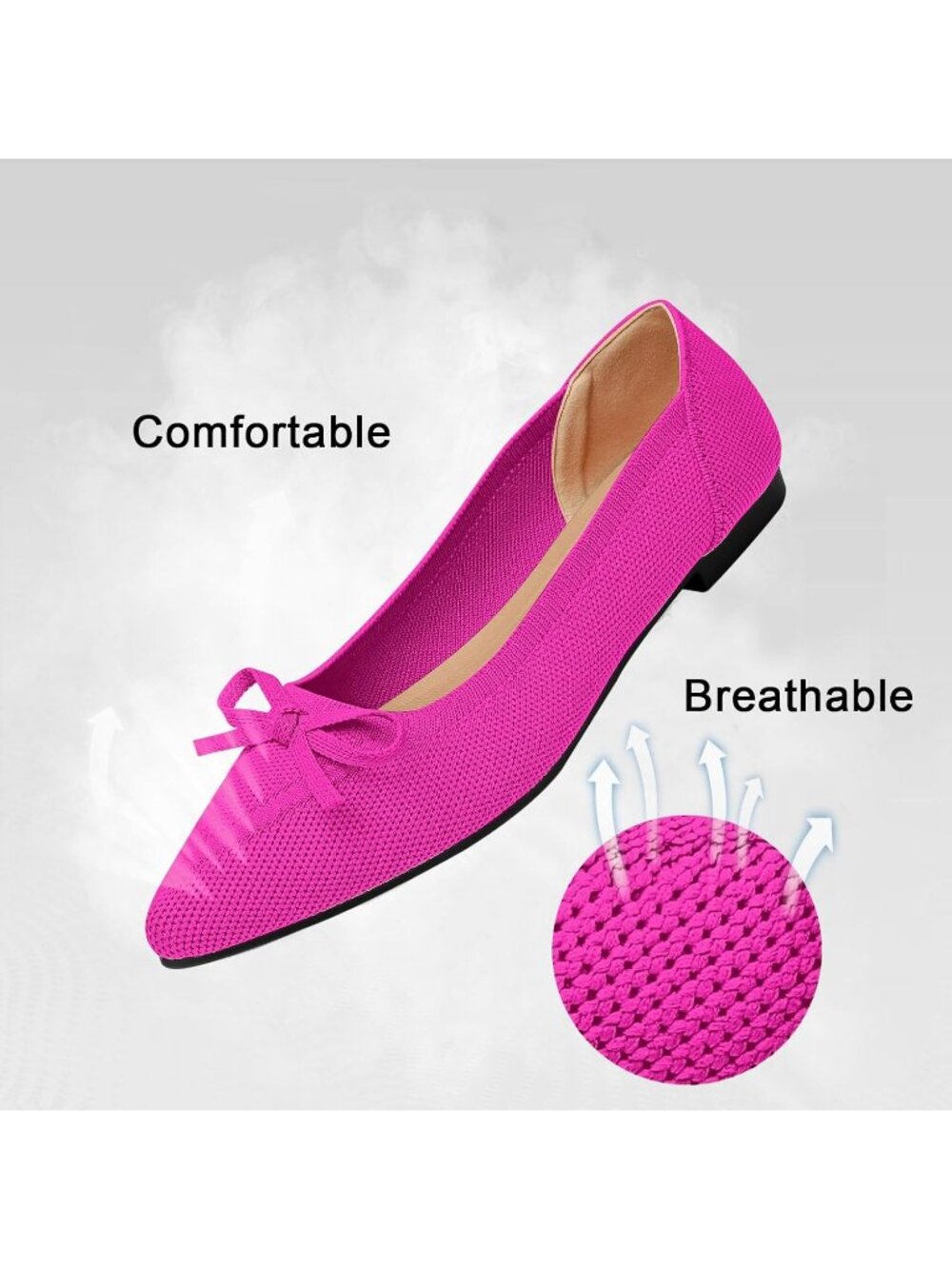 Women's Pink Rubber Knit Pointed Toe Ballet Flats Bow Slip On Comfortable Shoes - Picture 4 of 6